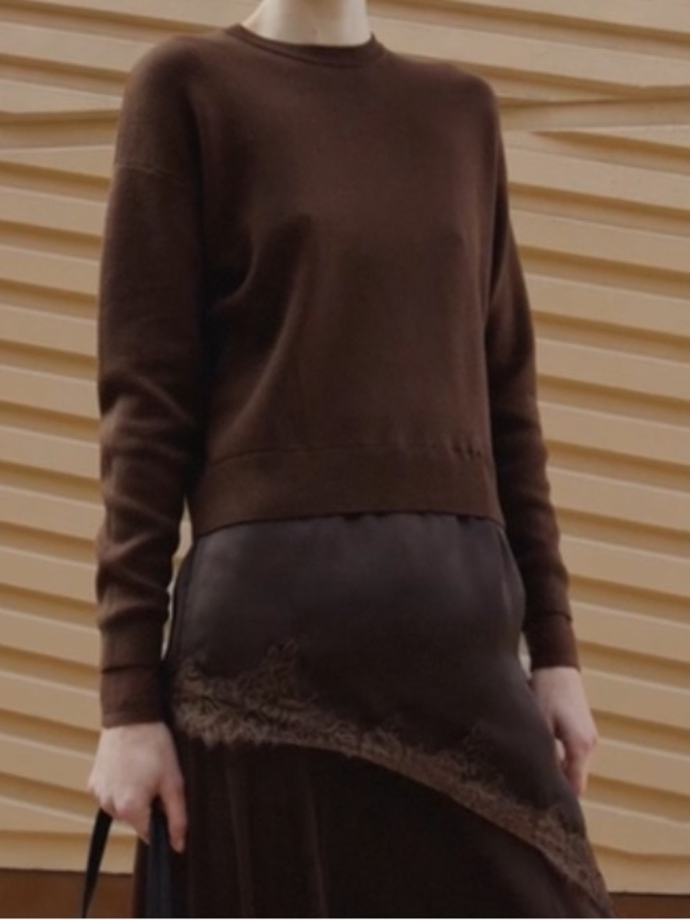 Mango Brown Ribbed Crewneck Sweater LACE COMBO JERSEY 4092